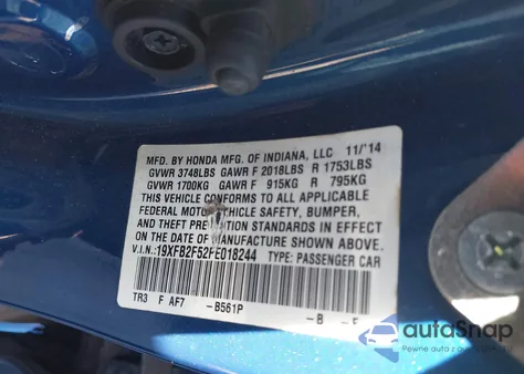 2015 Honda Civic Lx z USA, uszkodzony, nr VIN 19XFB2F52FE018244